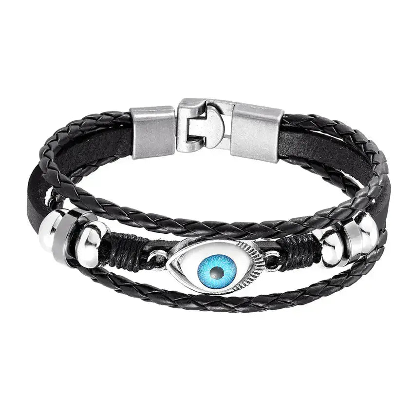 Multi-layer black evil eye bracelet for women with protective beaded leather design, by Hypes Inventory.