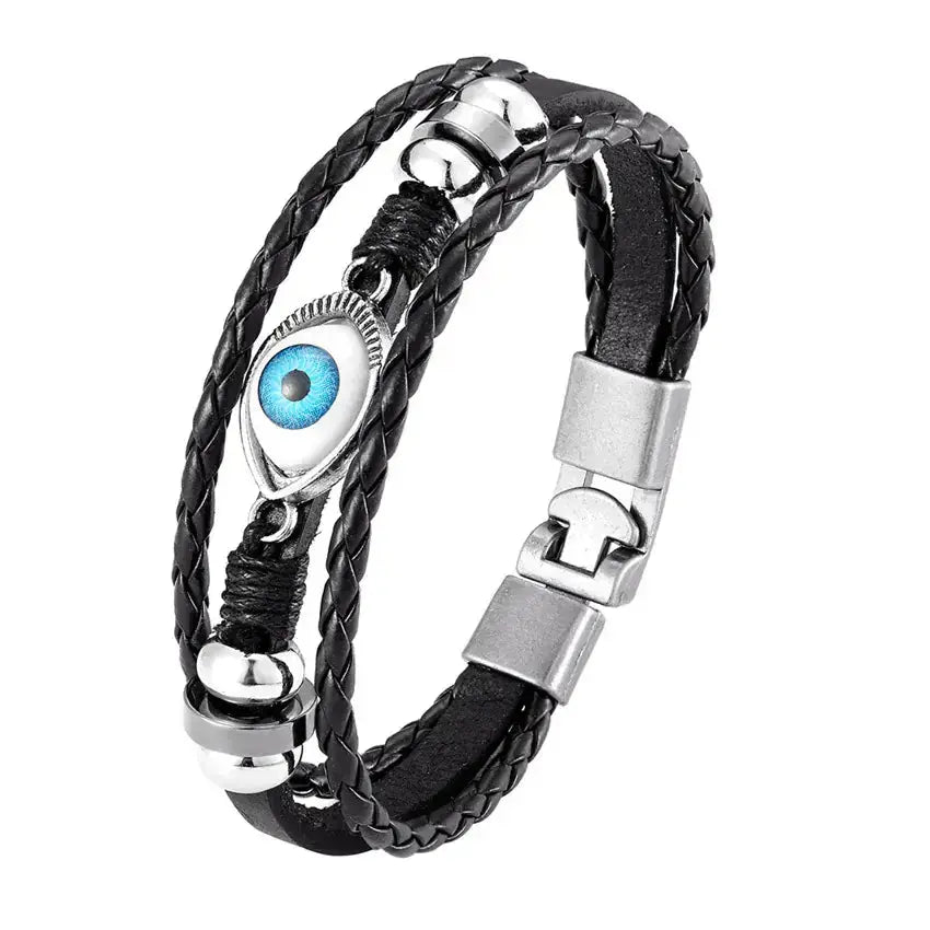 Multi-layer black evil eye bracelet for women with beaded leather design, offering stylish protection and spiritual symbolism.