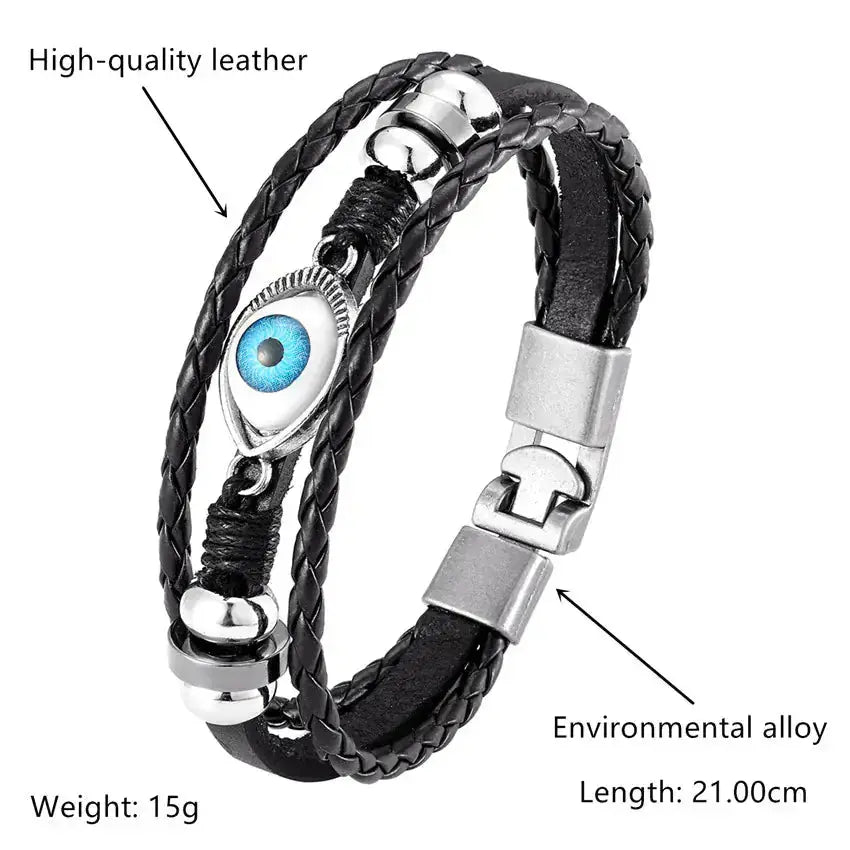 Multi-layer black leather evil eye bracelet for women with beaded accents, protective jewelry by Hypes Inventory.
