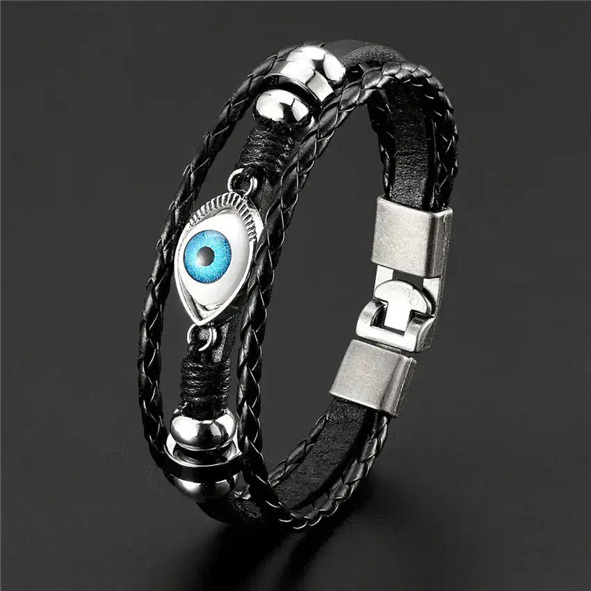 Black multi-layer evil eye bracelet for women, beaded leather jewelry with protective eye charms by Hypes Inventory.