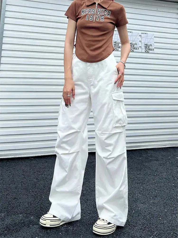 Deeptown Y2K Vintage Cargo Pants for Women | Oversized Streetwear Wide-Leg Trousers Hypes Inventory
