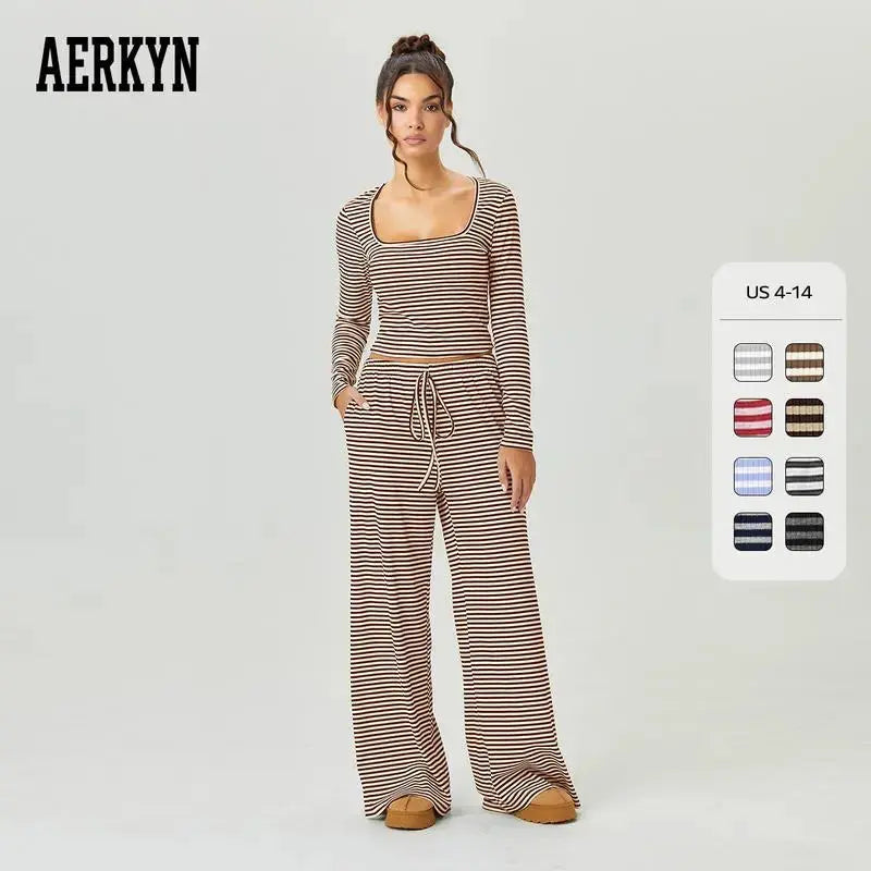 Hypes Inventory LÁVINE™ stripe lounge set for women, square neck two-piece co-ord outfit with comfortable matching top and bottoms.