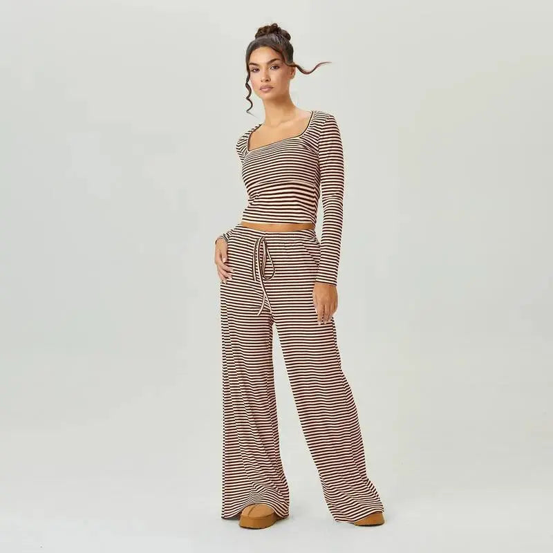 LÁVINE™ Stripe Lounge Set for women, square neck two-piece co-ord set with stylish stripes, by Hypes Inventory.