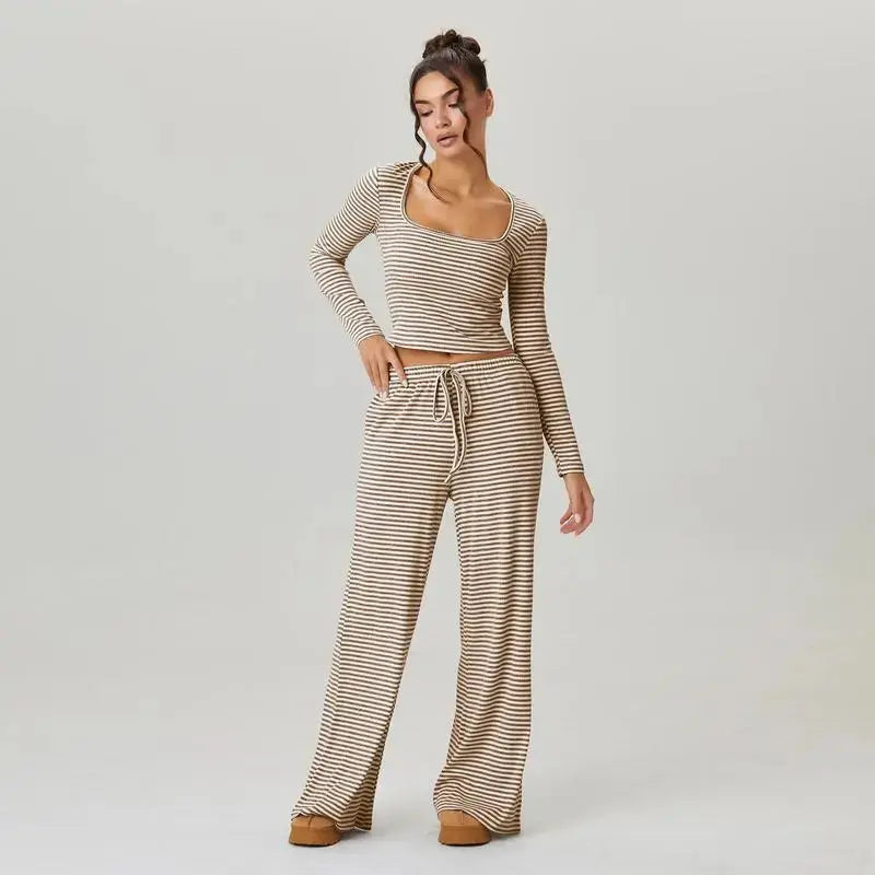 LÁVINE™ Stripe Lounge Set for women by Hypes Inventory featuring a square neck two-piece co-ord set in a stylish stripe pattern.