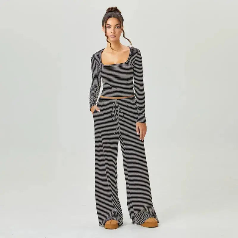 LÁVINE™ Stripe Lounge Set for women, square neck two-piece co-ord set with stylish stripe pattern, by Hypes Inventory.
