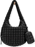 Black quilted puffer tote bag for women, lightweight crossbody travel and gym handbag by Hypes Inventory.