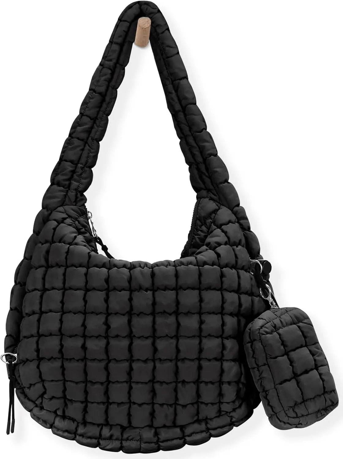 Black quilted puffer tote bag for women, lightweight crossbody travel and gym handbag by Hypes Inventory.