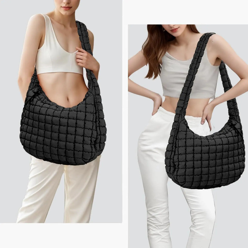 Black quilted puffer tote bag for women, lightweight crossbody travel and gym bag with spacious design by Hypes Inventory.