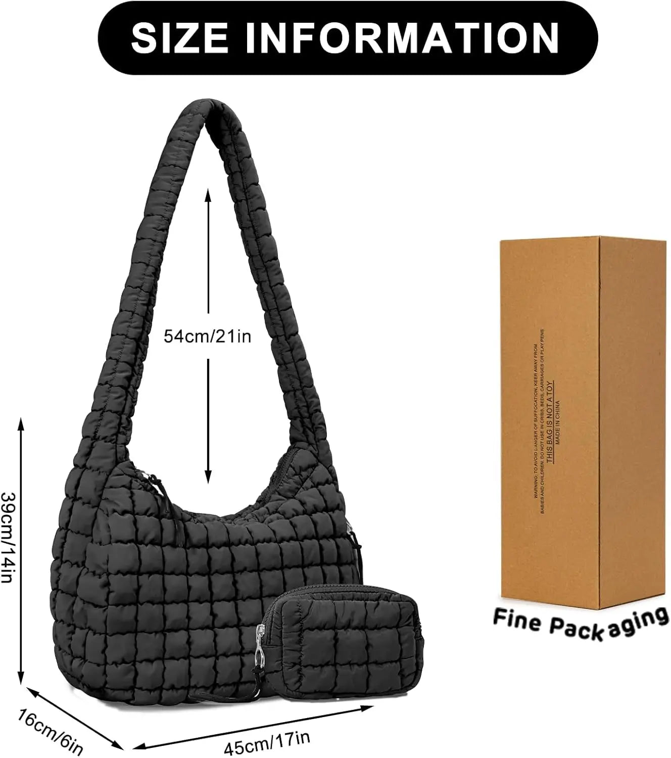 Black quilted puffer tote bag for women, lightweight crossbody travel and gym handbag with spacious design by Hypes Inventory.