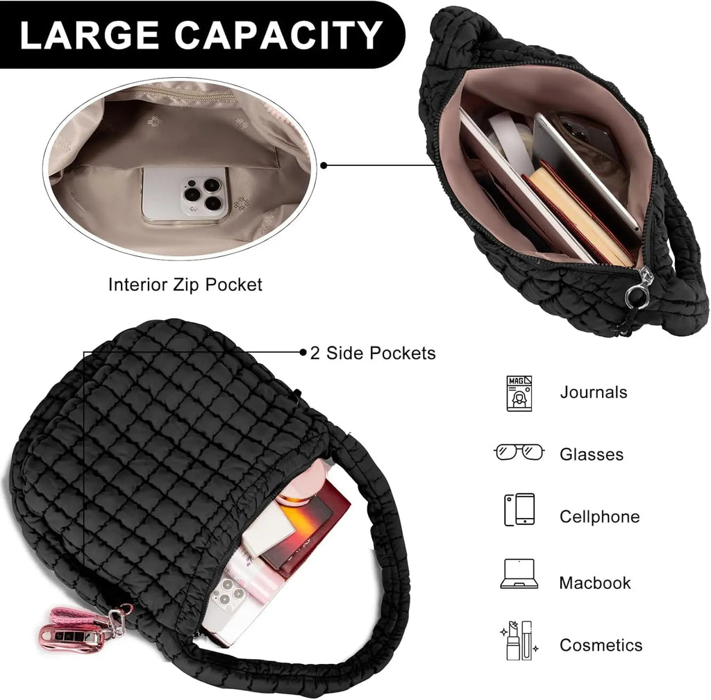 Black quilted puffer tote bag for women, Hypes Inventory crossbody travel and gym bag with large, lightweight carryall design.