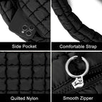 Black quilted puffer tote bag for women, lightweight crossbody travel and gym handbag with spacious interior by Hypes Inventory.