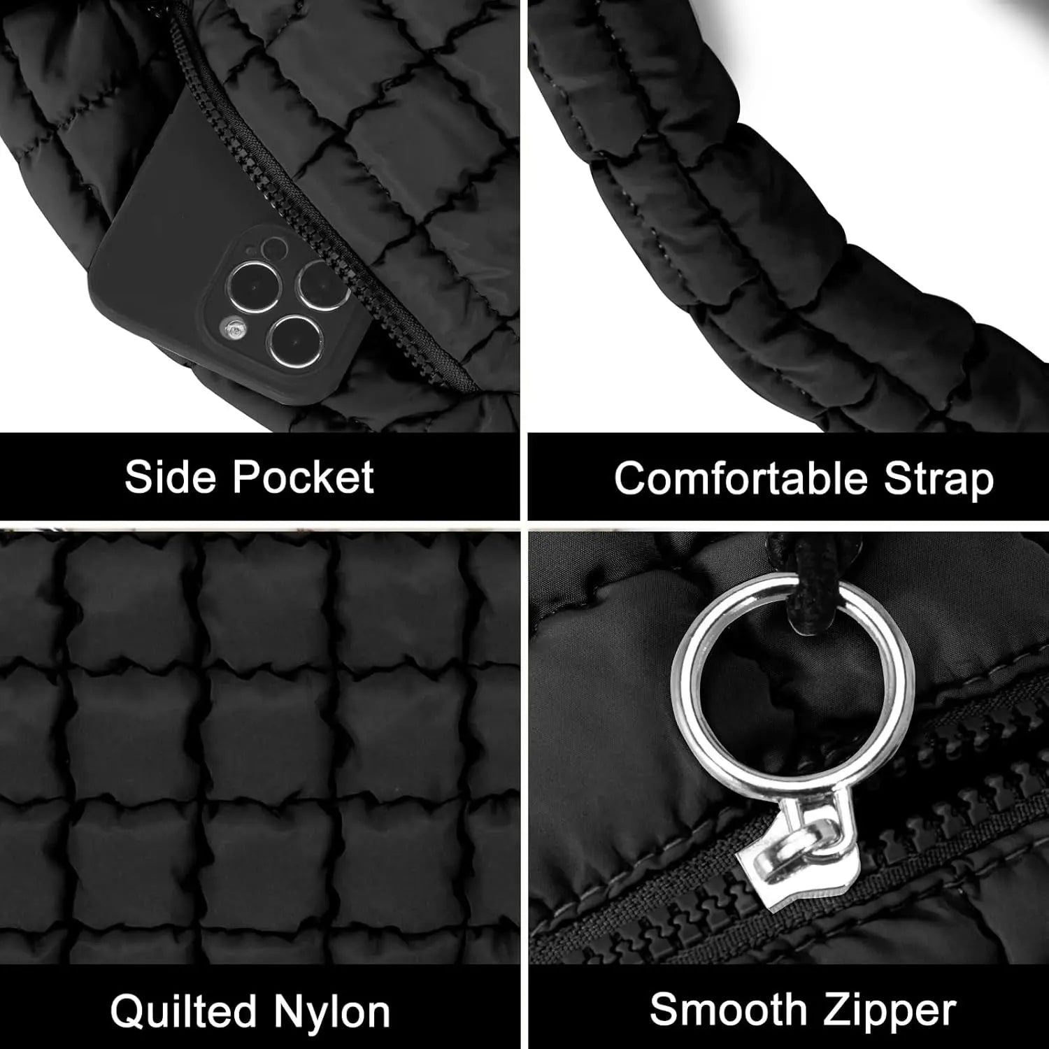 Black quilted puffer tote bag for women, lightweight crossbody travel and gym handbag with spacious interior by Hypes Inventory.