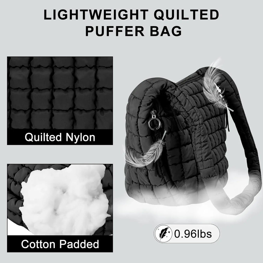 Black quilted puffer tote bag for women, lightweight crossbody travel and gym bag with spacious design by Hypes Inventory.