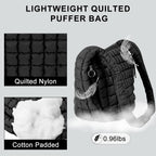 Black quilted puffer tote bag for women, lightweight crossbody travel and gym bag with spacious design by Hypes Inventory.