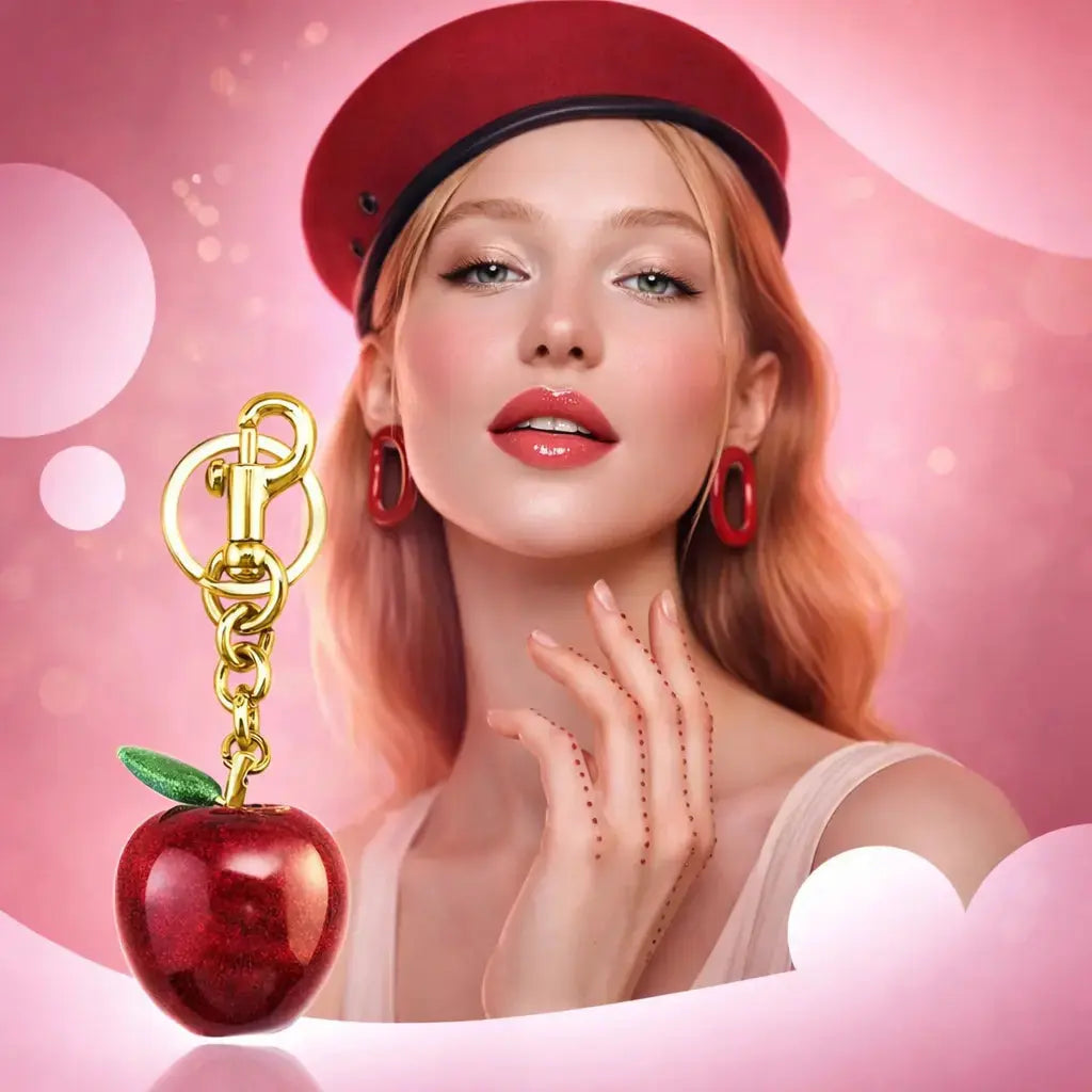Hypes Inventory Apple-shaped keychain bag charm attached to a handbag, featuring a cute and aesthetic accessory for women.