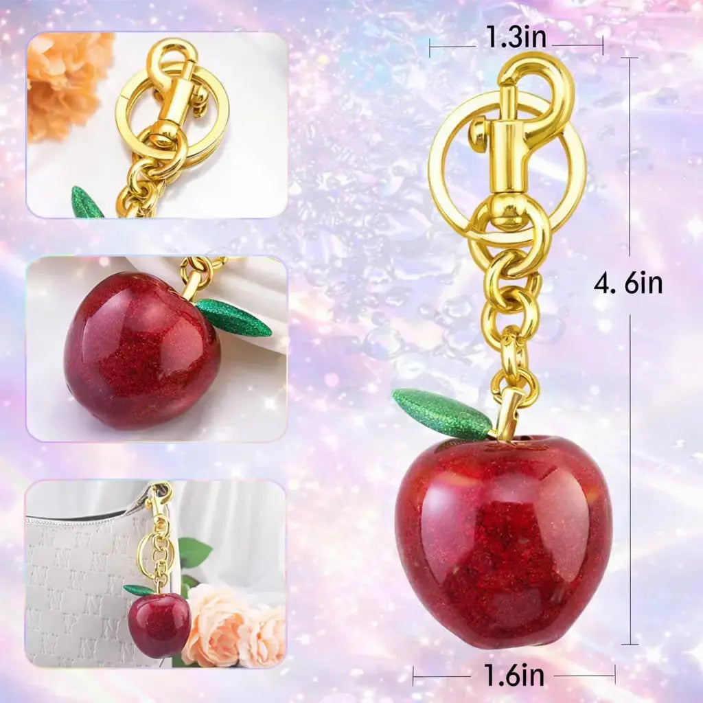 Hypes Inventory Apple-shaped keychain bag charm attached to a handbag, featuring a cute and colorful aesthetic accessory for women.
