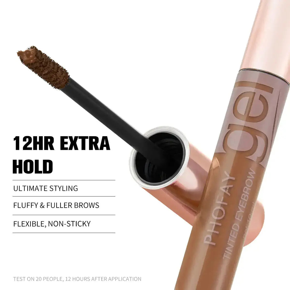 Hypes Inventory PHOFAY tinted eyebrow gel applied on eyebrows, showcasing natural color and sleek finish for well-defined brows.
