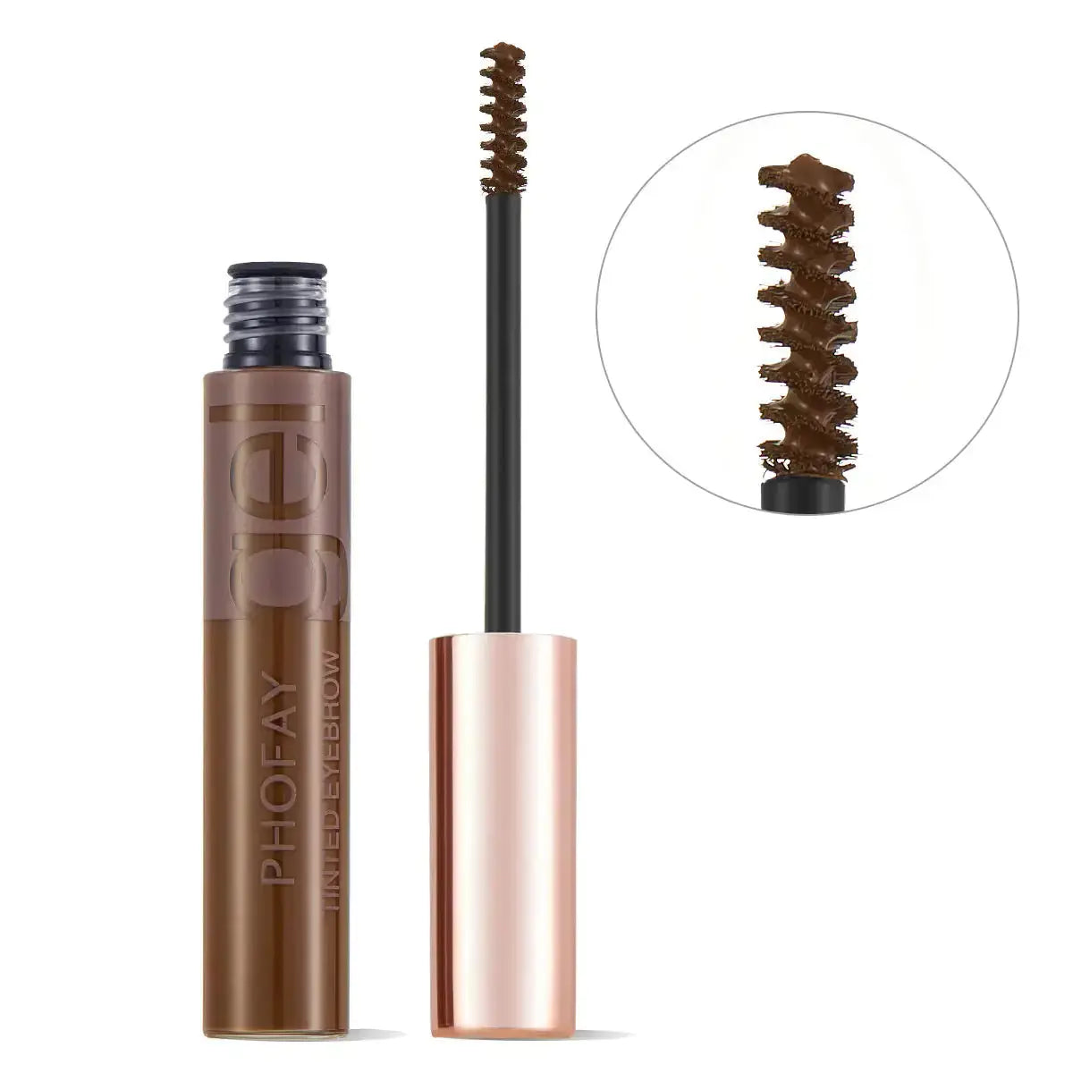 Hypes Inventory PHOFAY tinted eyebrow gel with brush applicator, showcasing natural-looking, well-defined eyebrows.