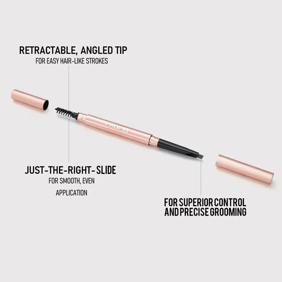Hypes Inventory PHOFAY waterproof eyebrow pencil with spoolie for natural, defined brows, shown with pencil and spoolie brush.