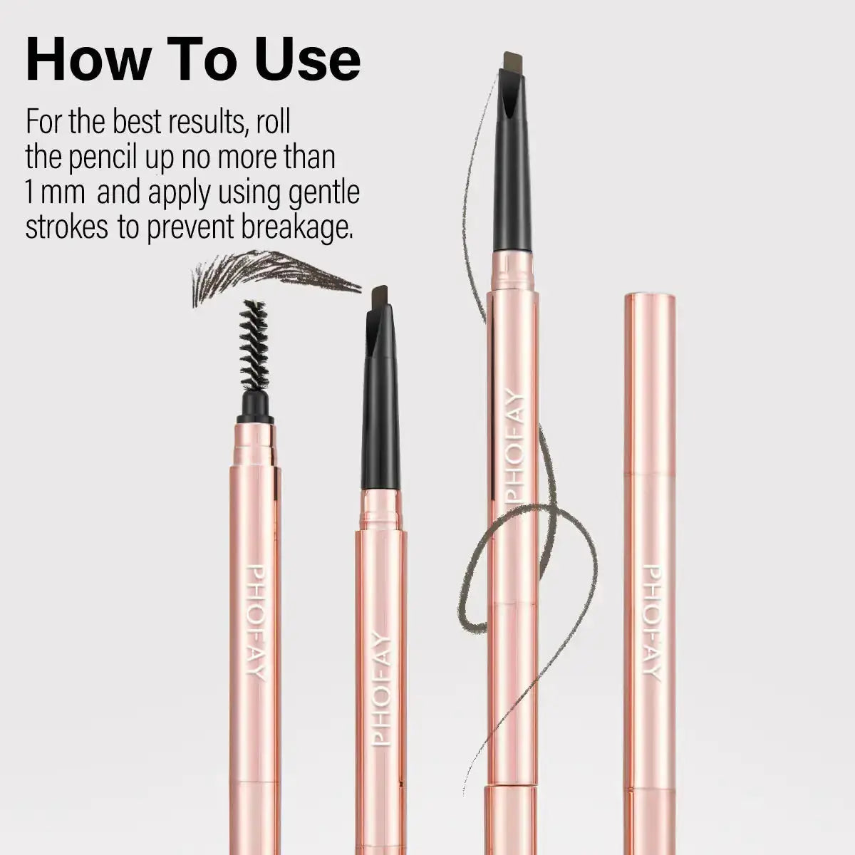 Hypes Inventory PHOFAY waterproof eyebrow pencil with spoolie for natural, well-defined brows, shown with the pencil and spoolie brush.