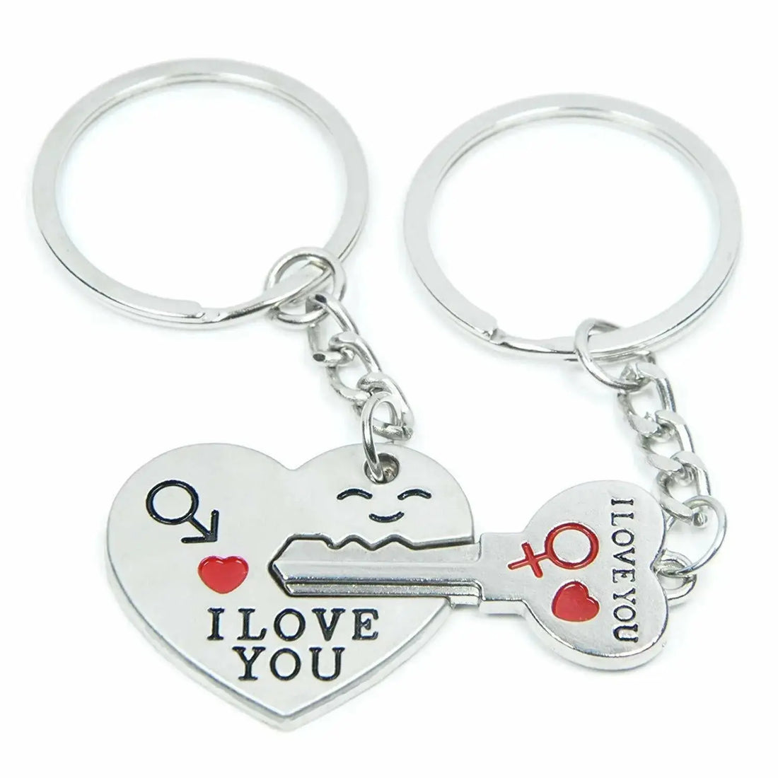 Matching couple heart keychains from Hypes Inventory, romantic love keyrings for boyfriend and girlfriend, perfect for anniversaries.