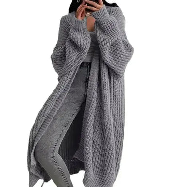 Women’s soft loose-fit knitted cardigan coat by Hypes Inventory, featuring a cozy knit sweater jacket with a relaxed fit.
