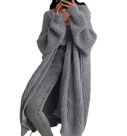 Women’s soft loose-fit knitted cardigan coat by Hypes Inventory, featuring a cozy knit sweater jacket with a relaxed fit.