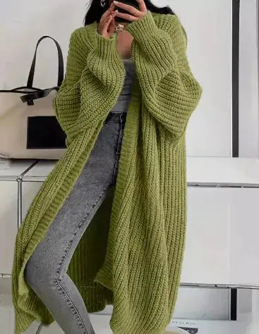Women’s soft loose fit knit cardigan coat by Hypes Inventory, featuring a cozy knitted sweater jacket with a relaxed silhouette.