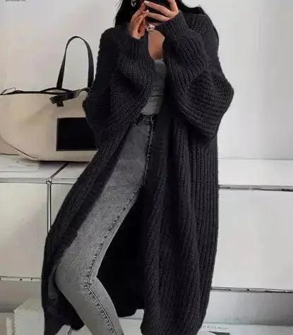 Women’s soft knitted cardigan coat by Hypes Inventory, loose fit knit sweater jacket with long sleeves and cozy texture.