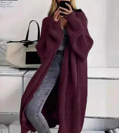 Women’s soft, loose-fit knitted cardigan coat by Hypes Inventory, featuring a cozy knit sweater jacket design.