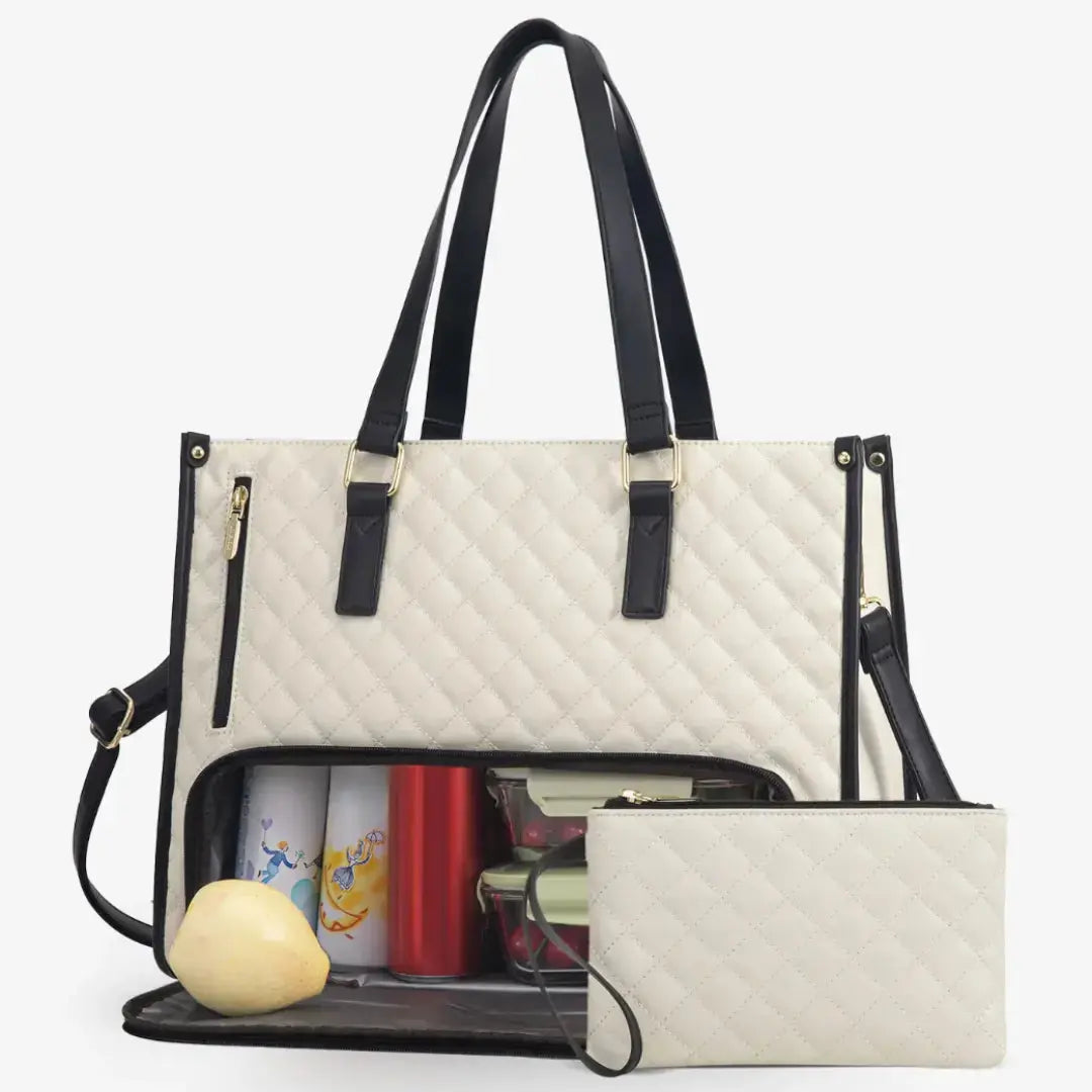 Black insulated laptop tote bag by Hypes Inventory, stylish 2-in-1 work and travel lunch bag with ample storage and a sleek design.