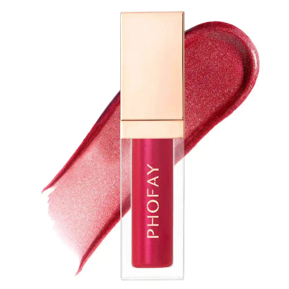 Hypes Inventory PHOFAY Ultra-Glossy Hydrating Lip Gloss with shiny finish and smooth texture, shown on model's lips.
