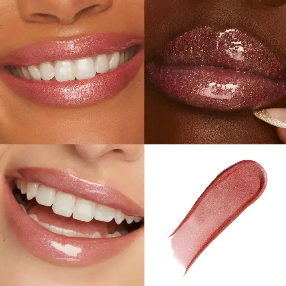 Hypes Inventory PHOFAY Ultra-Glossy Hydrating Lip Gloss in a clear tube showing shiny, glossy lips with a hint of color.