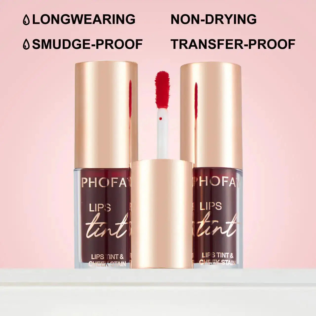 Hypes Inventory PHOFAY long-lasting lip and cheek tint in a sleek tube, showing the vibrant coral shade ready for application.