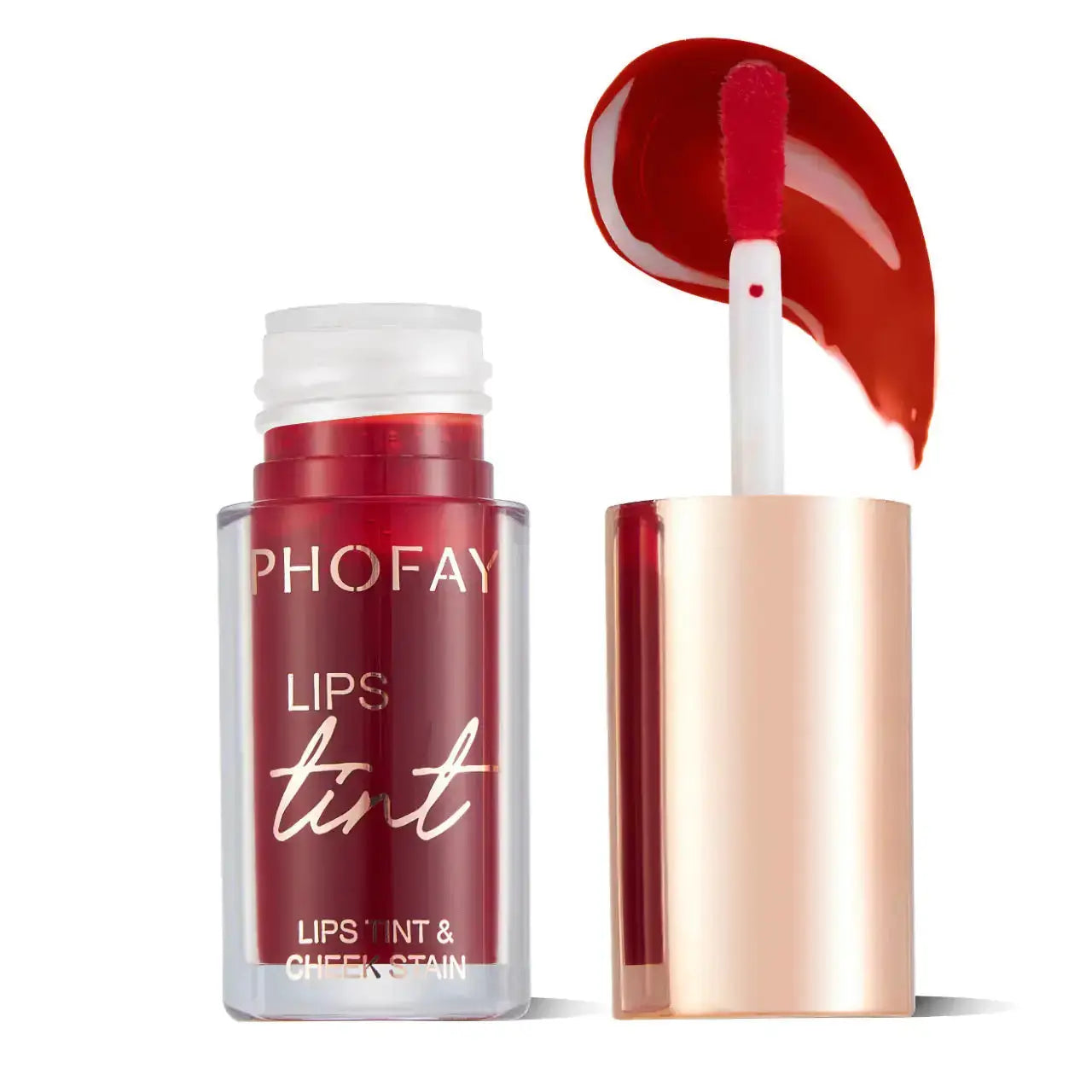 Hypes Inventory PHOFAY long-lasting lip and cheek tint in a sleek tube, showcasing vibrant pink color and applicator brush.