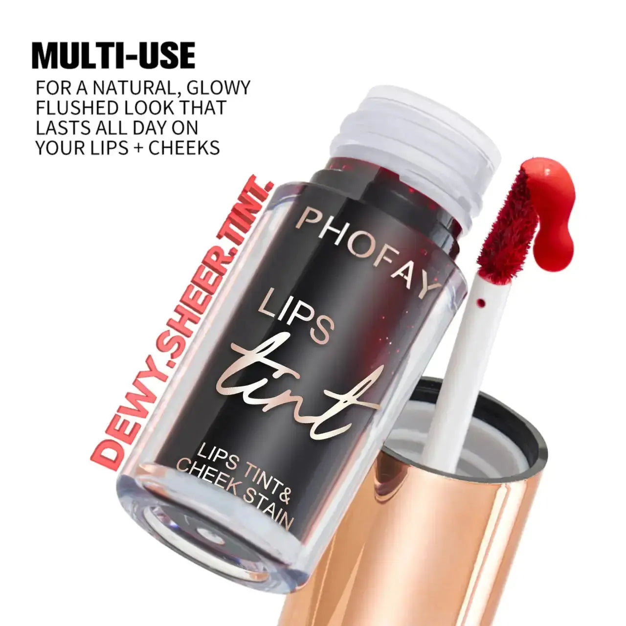 Hypes Inventory PHOFAY long-lasting lip and cheek tint in a sleek tube with applicator, designed for natural color enhancement.