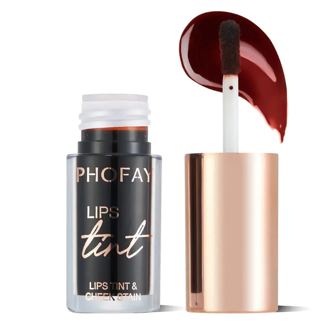 Hypes Inventory PHOFAY long-lasting lip and cheek tint in a vibrant shade, showing the product tube and applicator.