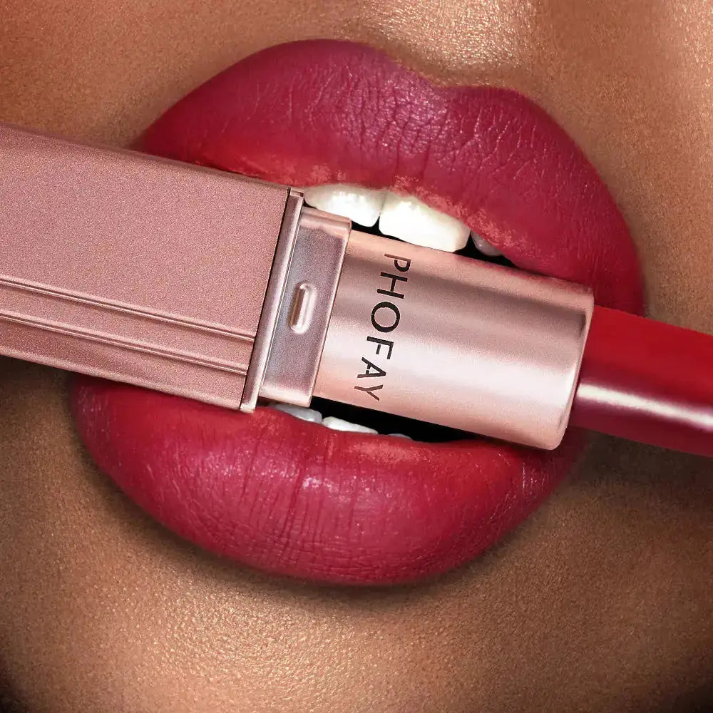 Hypes Inventory PHOFAY matte long-lasting waterproof lipstick in a sleek tube, ready for precise application.