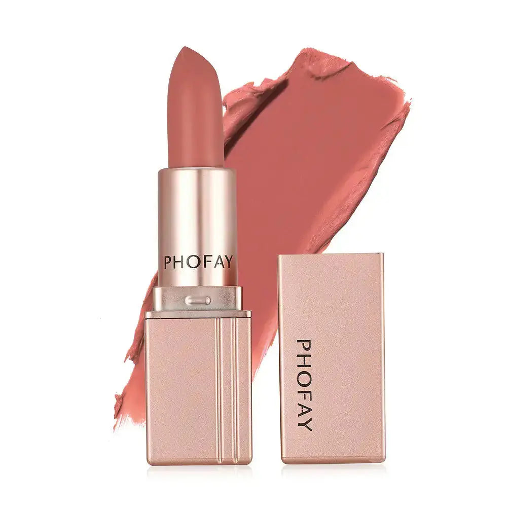Hypes Inventory PHOFAY long-lasting waterproof matte lipstick in a deep red shade, shown in a sleek tube with the cap removed.