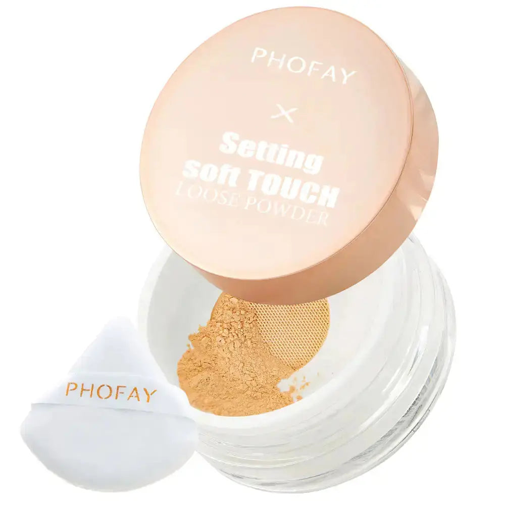 Hypes Inventory PHOFAY Soft Touch Loose Powder in a clear jar, smooth texture, ideal for setting makeup with a soft, matte finish.