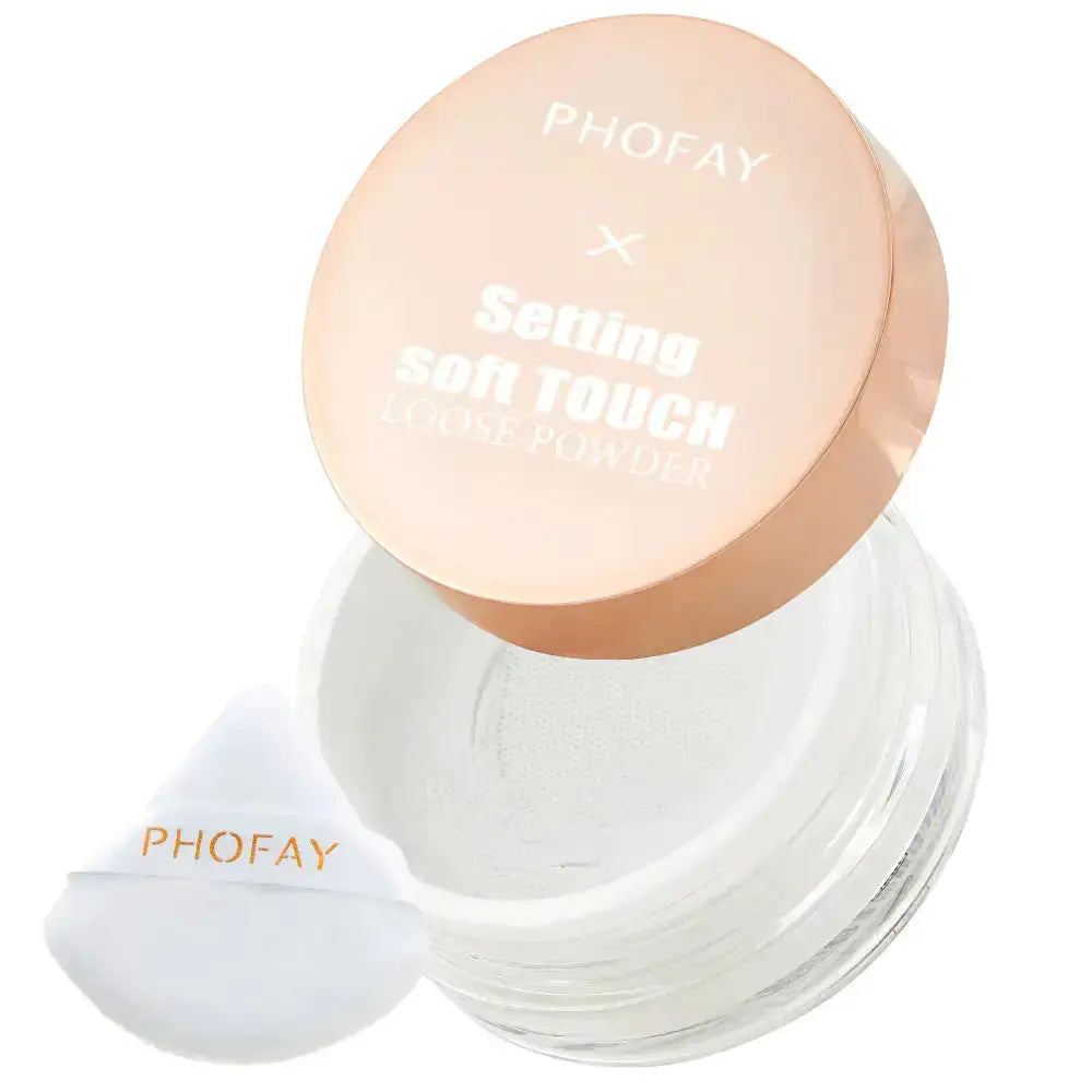 Hypes Inventory PHOFAY Soft Touch Loose Powder in a clear jar, smooth texture, ideal for setting makeup with a soft, matte finish.