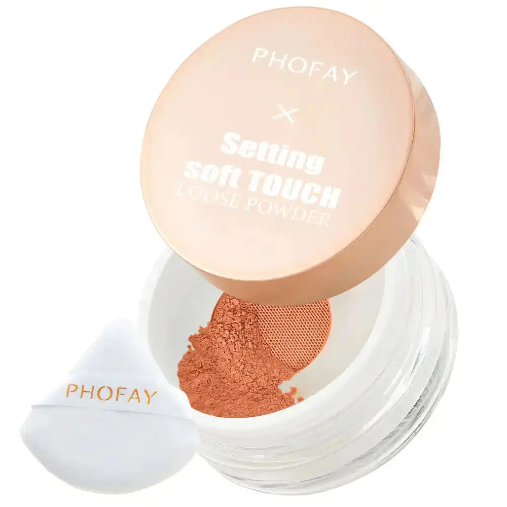 Hypes Inventory PHOFAY Soft Touch Loose Powder in a clear jar, smooth texture, ideal for setting makeup and achieving a matte finish