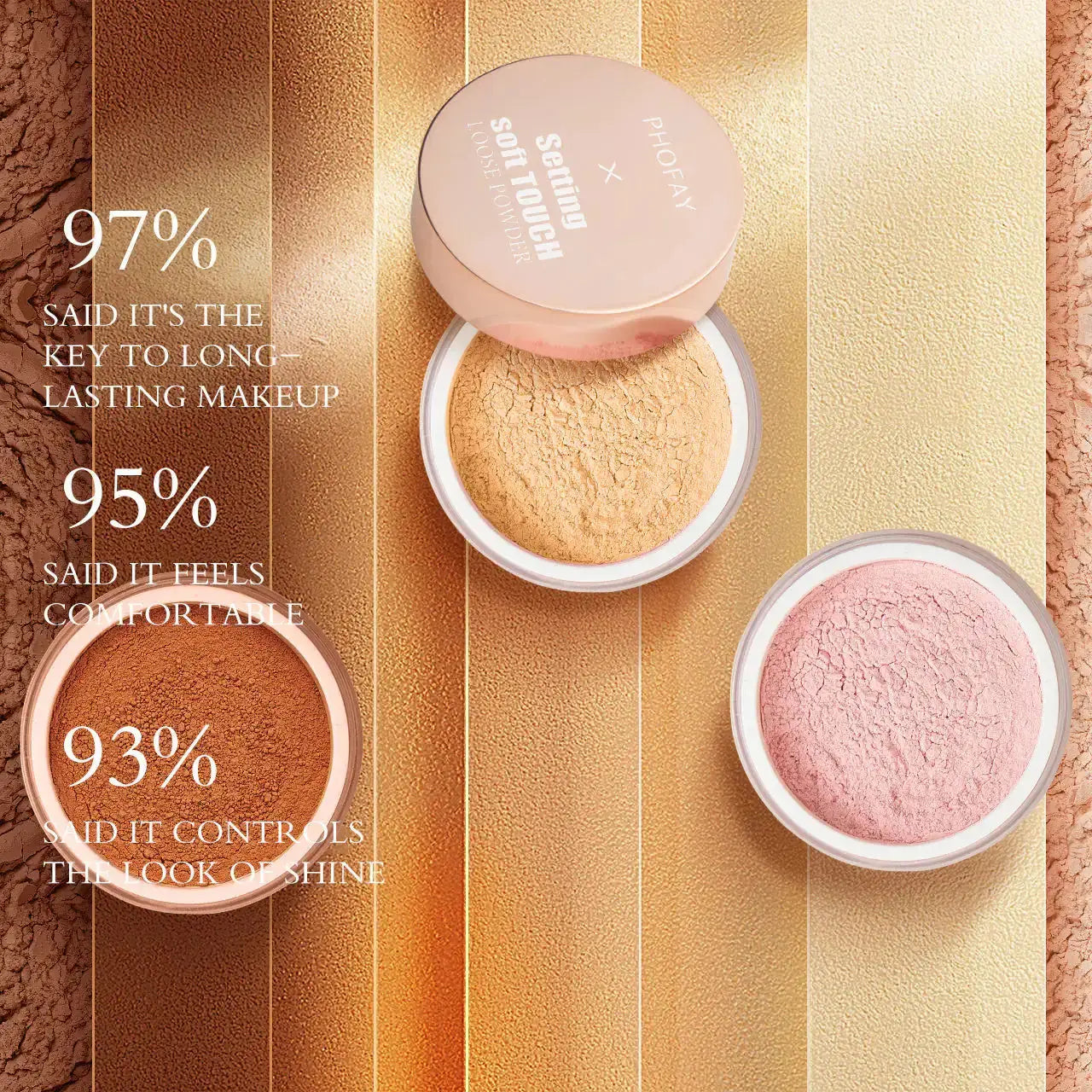 Hypes Inventory PHOFAY soft touch loose powder in a clear jar, showing smooth, finely milled translucent setting powder for a flawless finish.