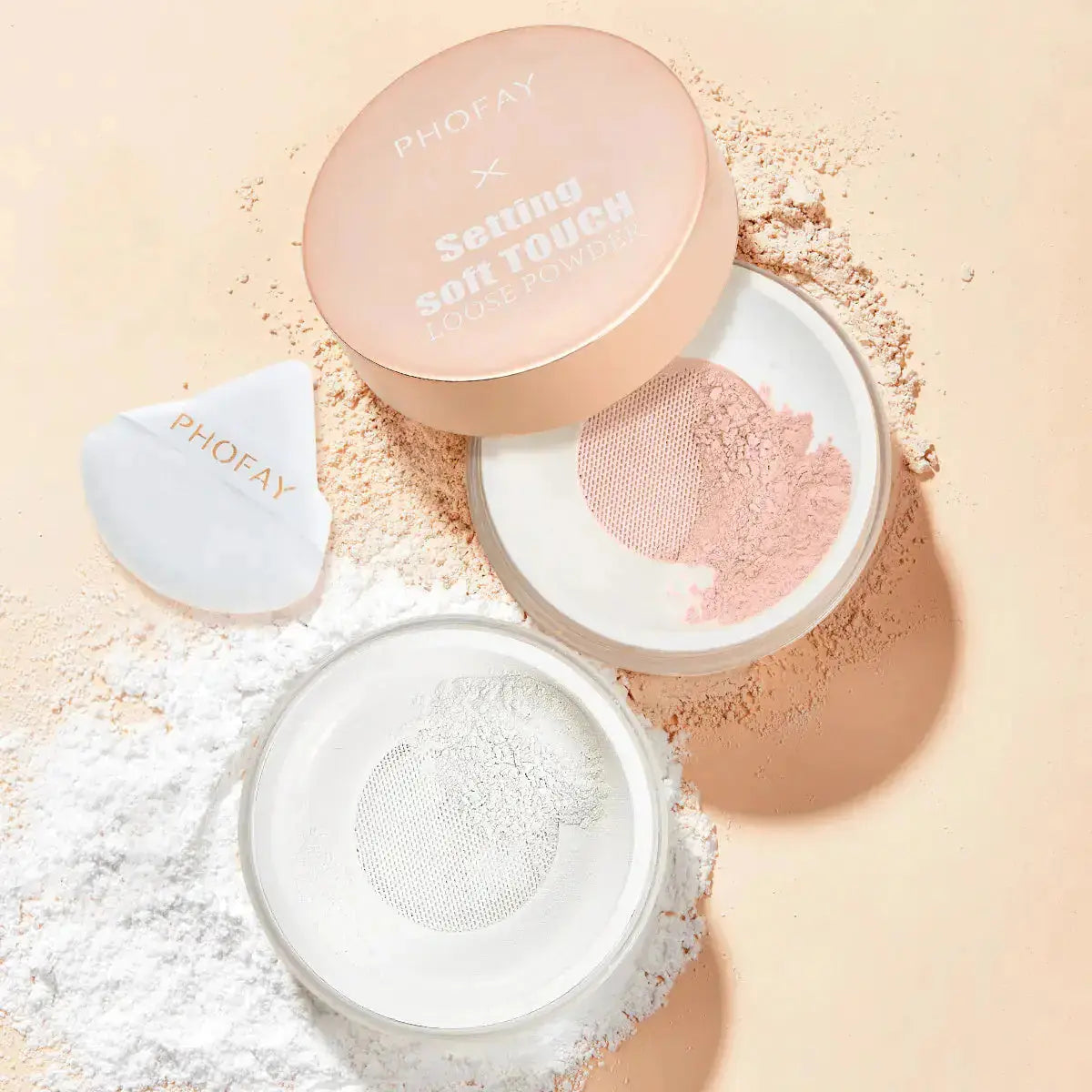 Hypes Inventory PHOFAY Soft Touch Loose Powder in a clear jar with a white lid, showcasing a fine, lightweight powder for setting makeup.
