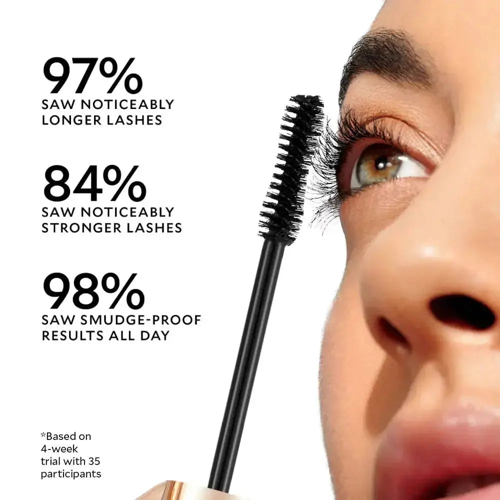 Hypes Inventory volumizing mascara with lengthening and curling brush, showcasing long, thick, beautifully curled lashes.