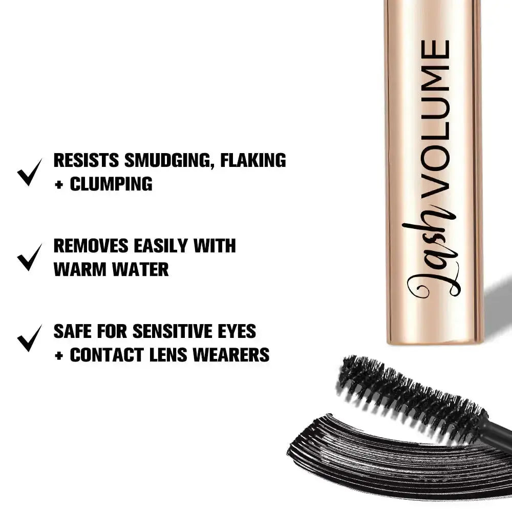 Hypes Inventory volumizing mascara with lengthening and curling brush, showcasing thick, curled lashes on a model's eye.