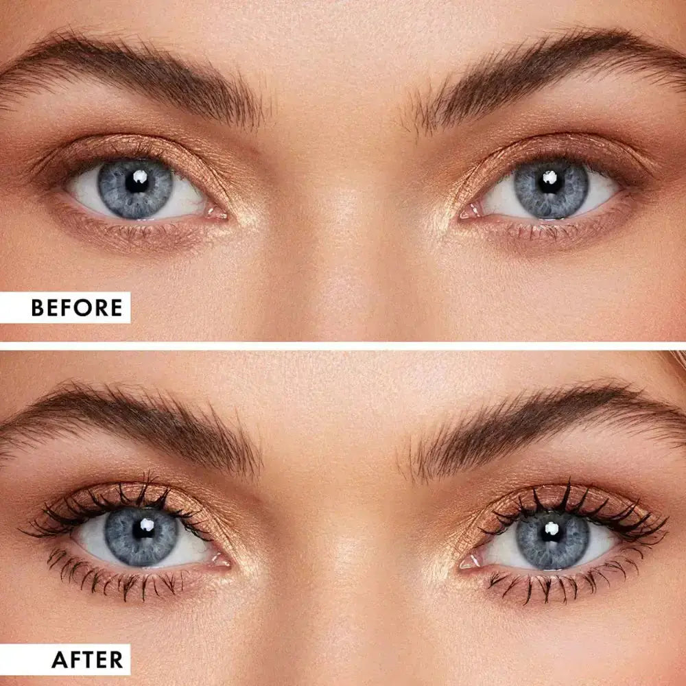 Hypes Inventory volumizing mascara with lengthening and curling brush, showcasing thick, defined eyelashes on a model.