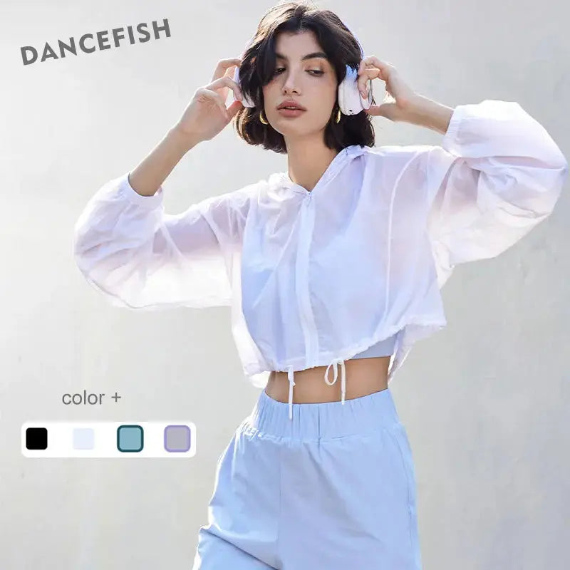 New Lightweight Yoga Jacket Loose Hooded Drawstring Sport Top Women'S Thin Casual Outdoor Long Sleeve Summer Jacket
