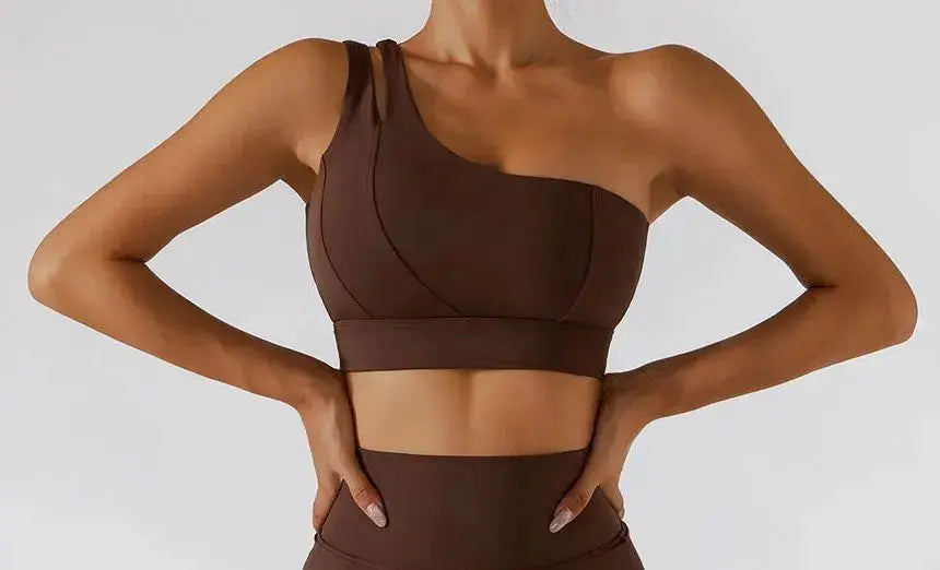 Hypes Inventory Flaire™ ribbed one shoulder sports bra, black workout bra with stylish asymmetrical design and supportive fit.