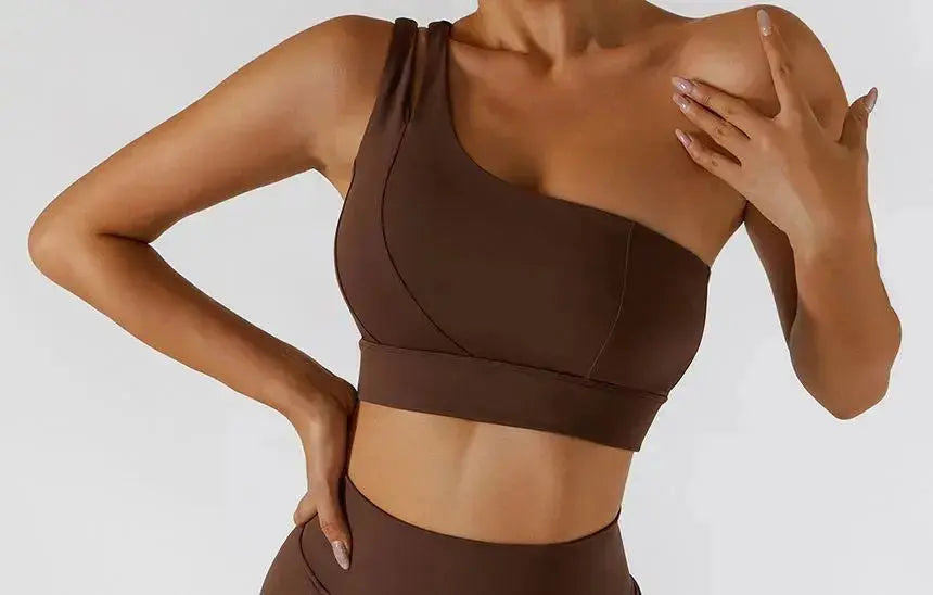 Hypes Inventory Flaire™ ribbed one-shoulder sports bra for workout, featuring a fitted design and stylish asymmetrical shoulder strap.